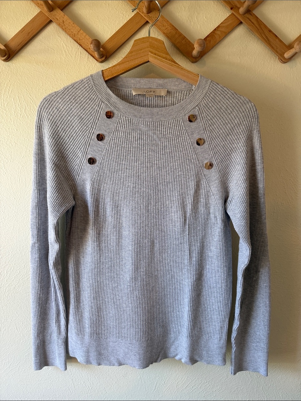 LOFT Light Gray Ribbed Crewneck Sweater with Gold Button Details
